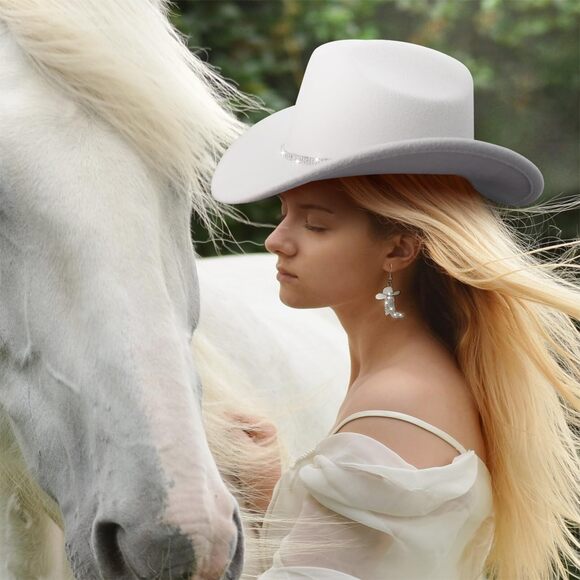 8375 Cowboy Hat Rhinestone Cowgirl Boots Earrings Set Western Felt main image 5